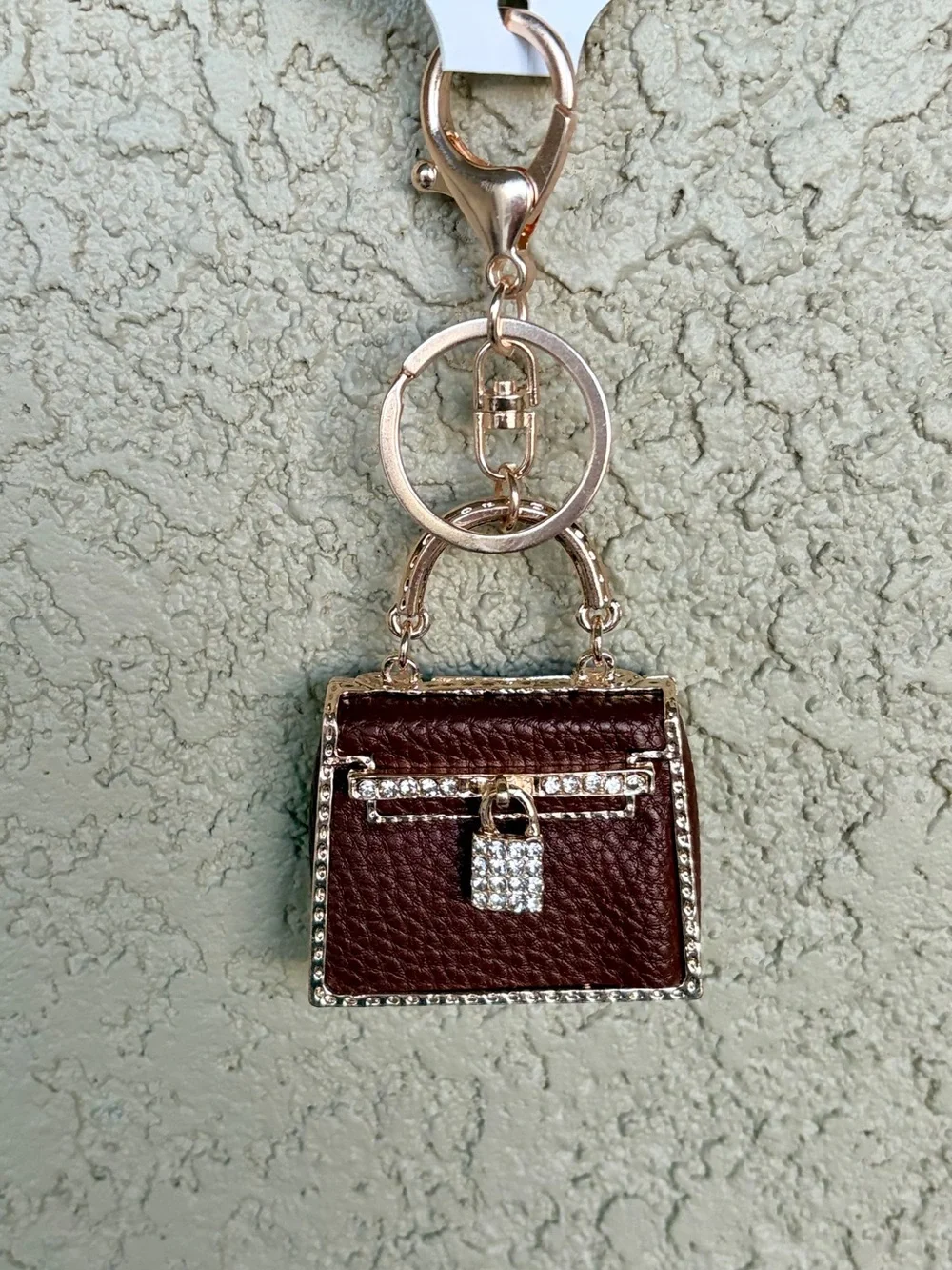 Mini Handbag Keychain Charm - Brown Faux Leather with Rhinestone Lock